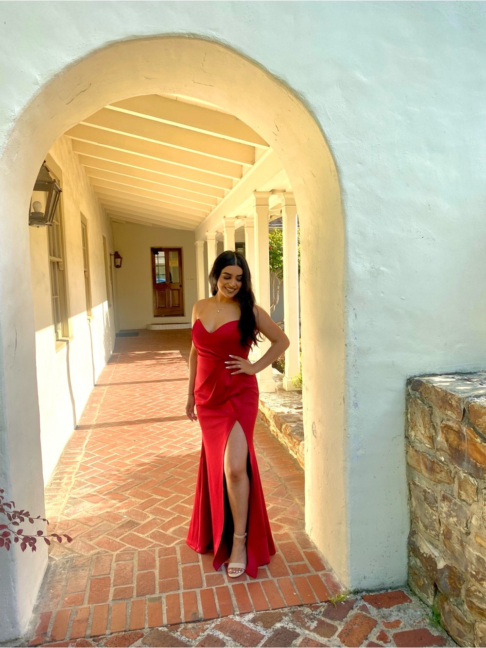 Worn once Elegant Red Strapless Evening Gown with Thigh Slit